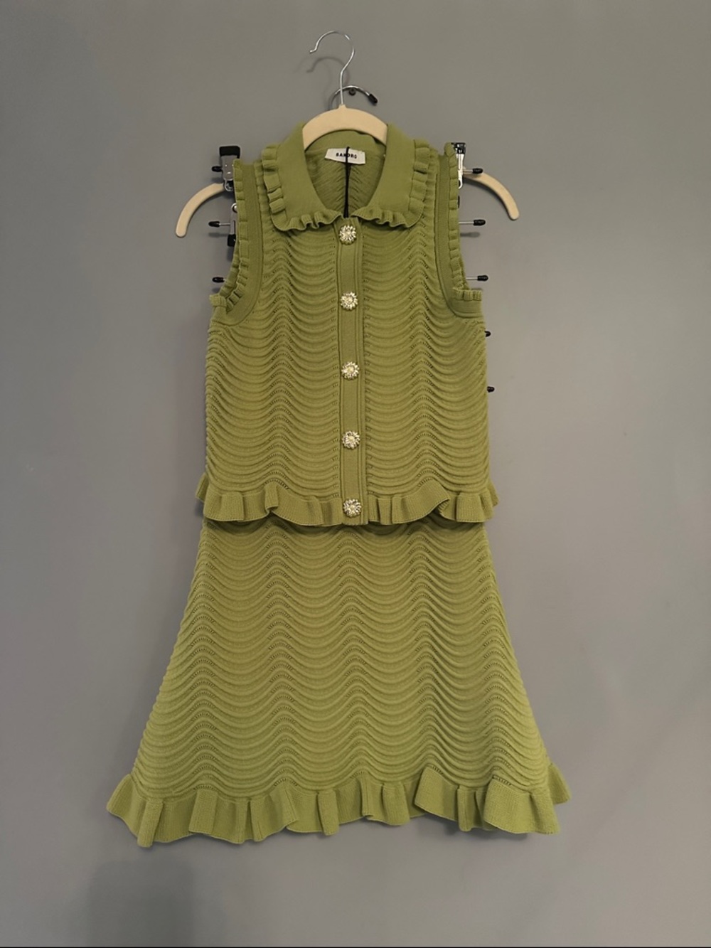 SANDRO Ruffle Hem Knit Set - Olive Green